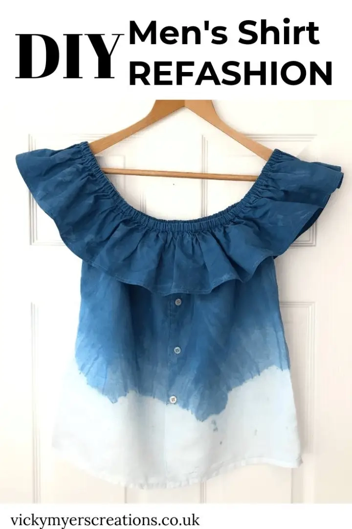 Men's Shirt to women's shirt refashion - see how to transform a large button-up mens shirt into a stylish off the shoulder top with this sewing refashion! #refashion