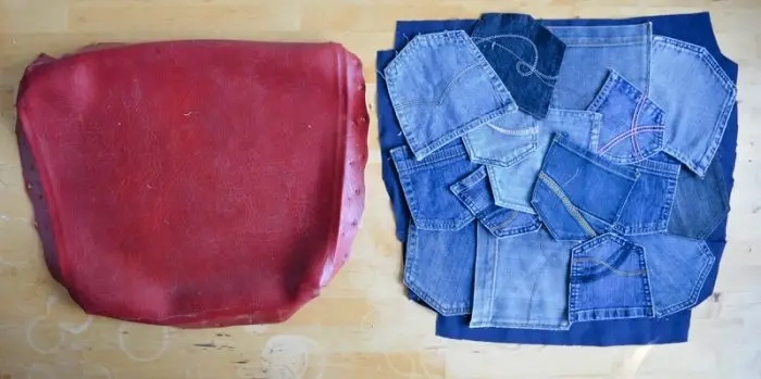Herstel een stoelzitting met denim, denim gepatcht klaar voor stiksel
