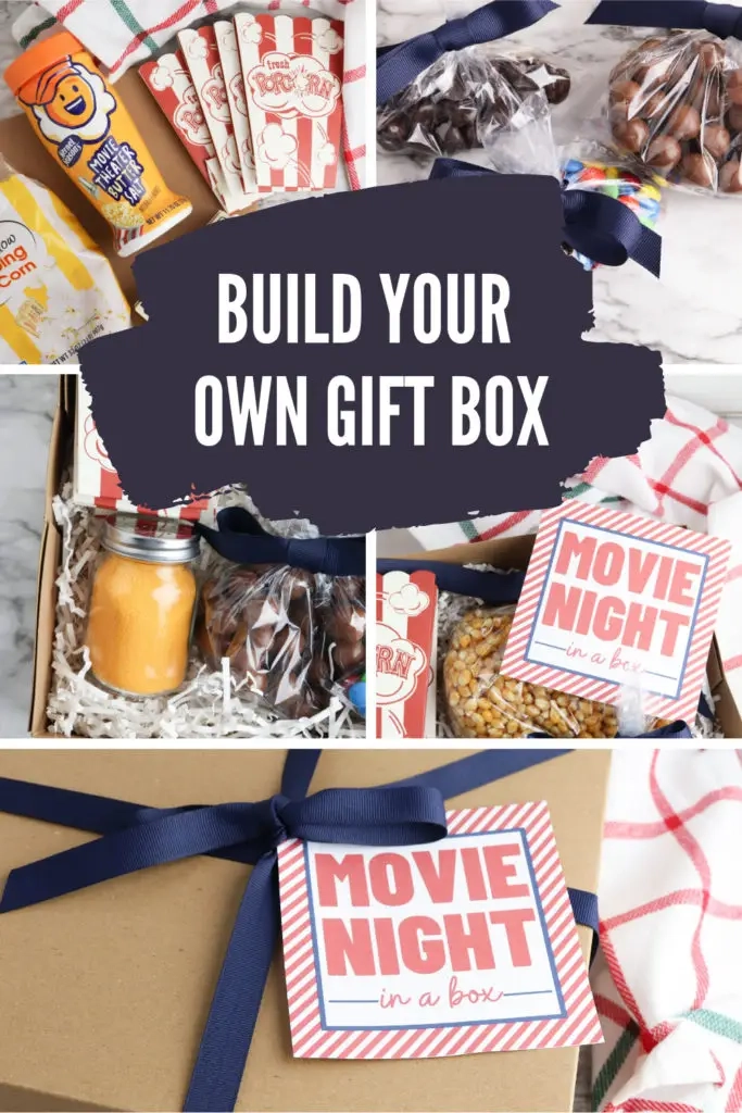 Collage van items die laten zien hoe je een geschenkdoos voor een filmavond maakt.