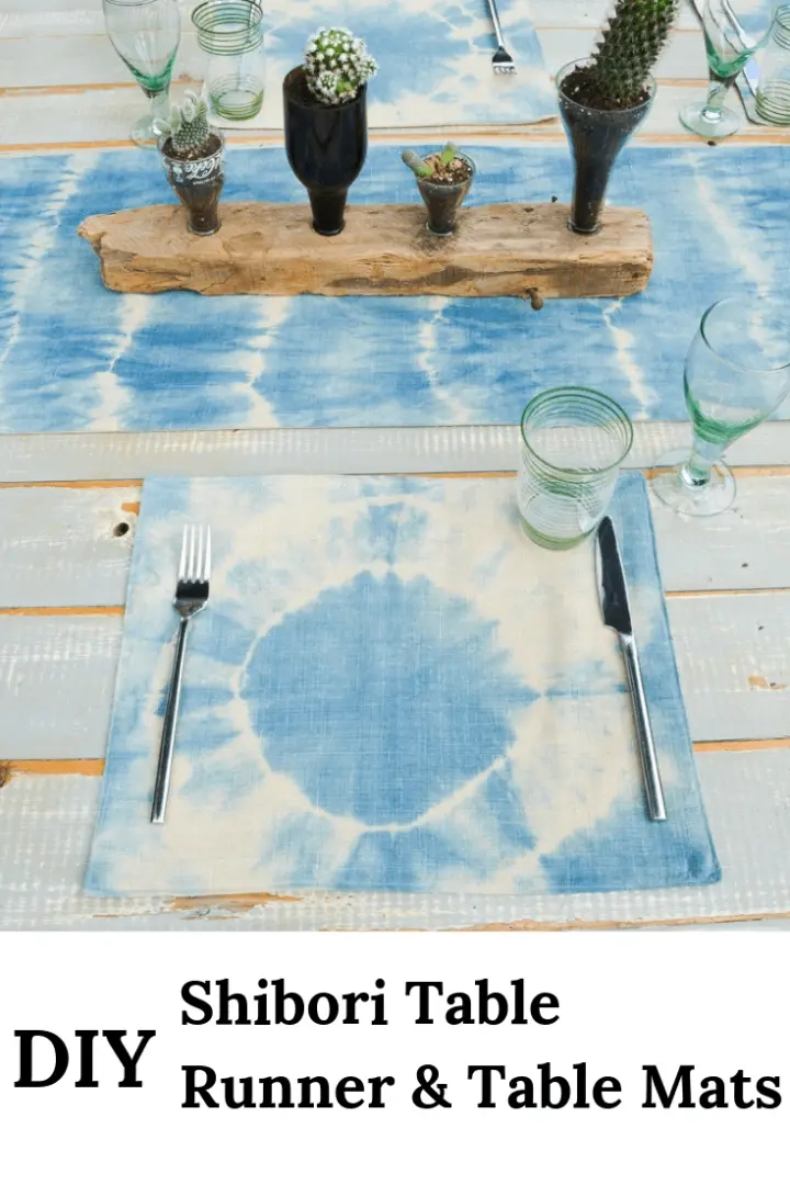 Learn how to make a super easy fabric table runner. The tutorial includes video which shows you how to fold the fabric for this DIY Shibori table runner and table mats #fabrictablerunner