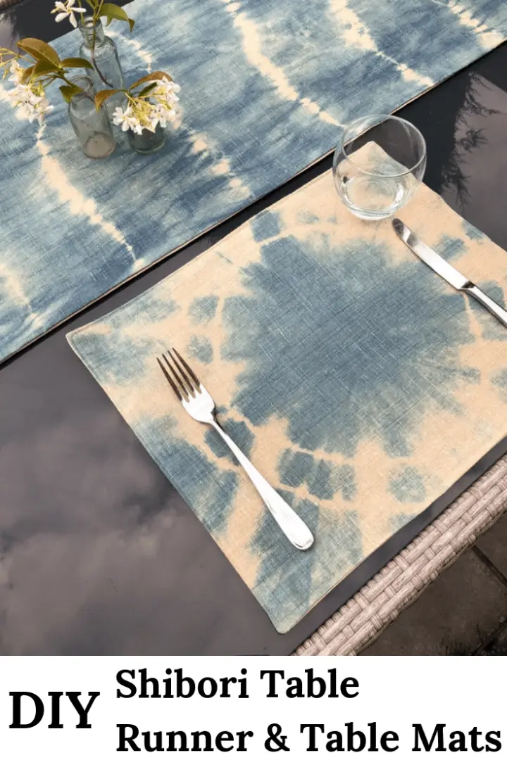 Learn how to sew a table runner. The tutorial includes video which shows you how to fold the fabric for this DIY Shibori table runner and table mats #fabrictablerunner