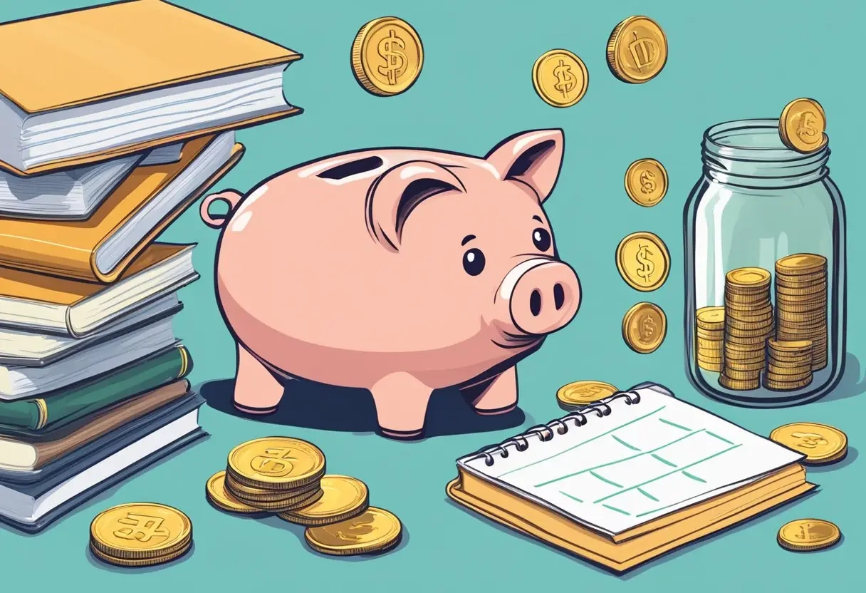 Een spaarvarken waar munten uit vallen, een pot met het opschrift "auto fonds"een kalender met gemarkeerde spaardoelen en een stapel budgetboeken, de beste manier om te sparen voor een auto