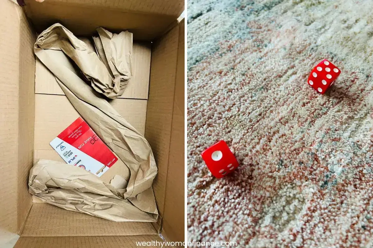 cadeaubon, dobbelstenen op tapijt